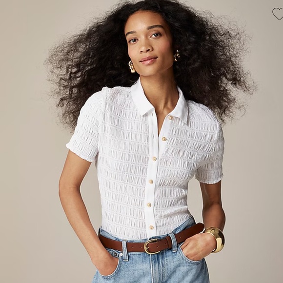 J. Crew Top Smocked button-up shirt in cotton-blend voile / white / Sz. L - Picture 6 of 12